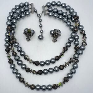Vintage silver tone pearl AB glass multi strand beaded necklace clip on earrings